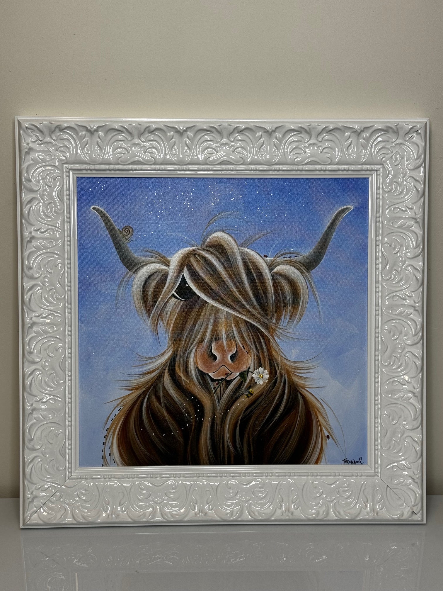 Highland Horned Cow Oil Painting McMoo With Garden Insects By Jennifer Hogwood - Cheshire Antiques Consultant Ltd