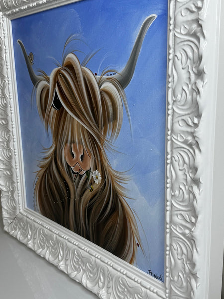 Highland Horned Cow Oil Painting McMoo With Garden Insects By Jennifer Hogwood - Cheshire Antiques Consultant Ltd