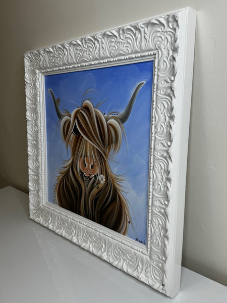 Highland Horned Cow Oil Painting McMoo With Garden Insects By Jennifer Hogwood - Cheshire Antiques Consultant Ltd