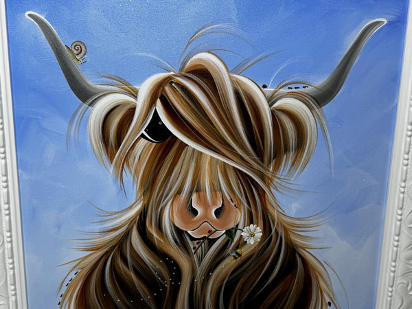 Highland Horned Cow Oil Painting McMoo With Garden Insects By Jennifer Hogwood - Cheshire Antiques Consultant Ltd