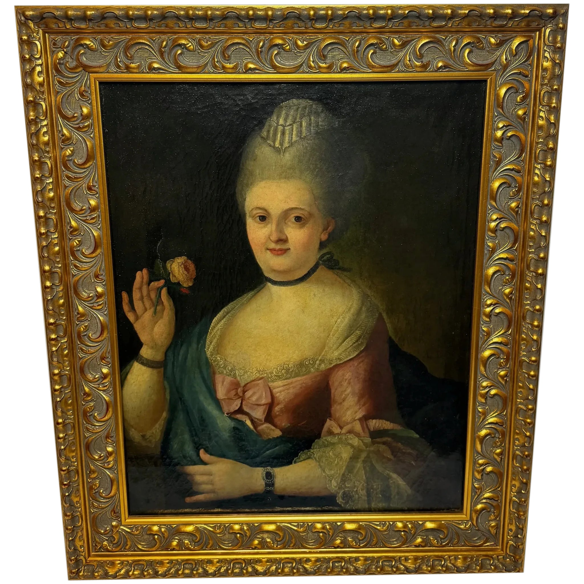 18th Century Oil Painting Lady Holding Rose Follower Of François-Hubert Drouais