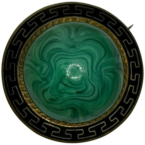 ✨ Victorian Malachite & Greek Key Enamel Brooch – Neoclassical Revival Antique c.1865