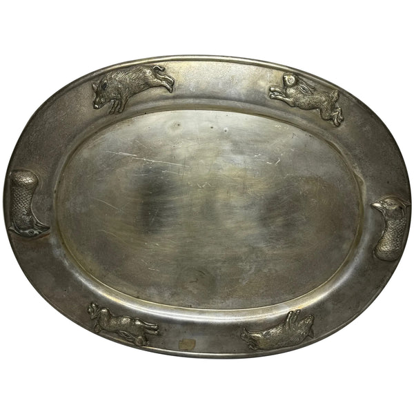 🦌 Antique Danish Silver Plate Repoussé Hunting Game Platter, c.1880s – Attributed to the Style of Cohr