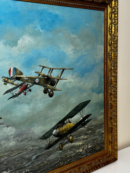 Oil Painting 1917 Air Battle Arras British Sopwith Triplanes Duel German Albatross DII Byplanes - Cheshire Antiques Consultant Ltd