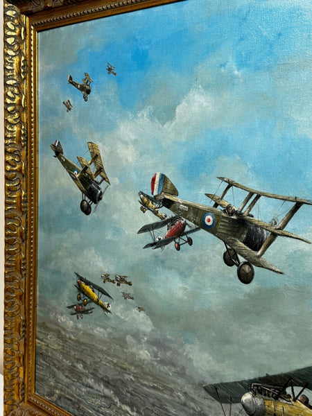 Oil Painting 1917 Air Battle Arras British Sopwith Triplanes Duel German Albatross DII Byplanes - Cheshire Antiques Consultant Ltd