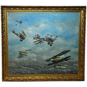 Oil Painting 1917 Air Battle Arras British Sopwith Triplanes Duel German Albatross DII Byplanes - Cheshire Antiques Consultant Ltd