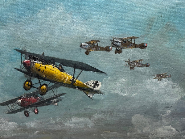 Oil Painting 1917 Air Battle Arras British Sopwith Triplanes Duel German Albatross DII Byplanes - Cheshire Antiques Consultant Ltd