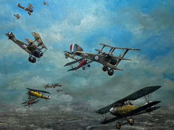 Oil Painting 1917 Air Battle Arras British Sopwith Triplanes Duel German Albatross DII Byplanes - Cheshire Antiques Consultant Ltd