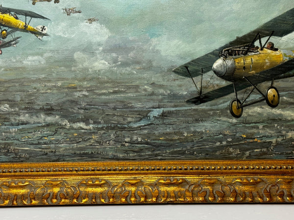 Oil Painting 1917 Air Battle Arras British Sopwith Triplanes Duel German Albatross DII Byplanes - Cheshire Antiques Consultant Ltd