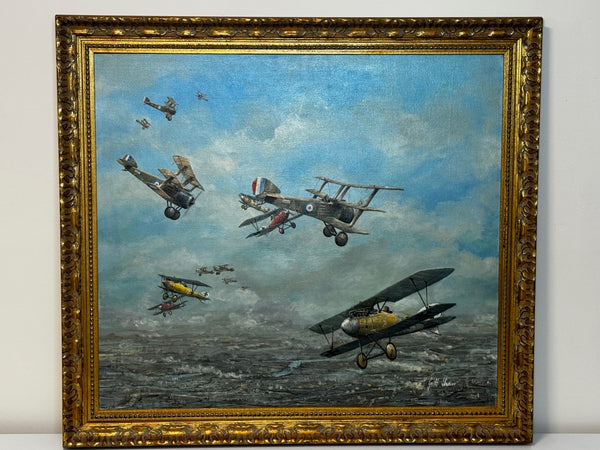 Oil Painting 1917 Air Battle Arras British Sopwith Triplanes Duel German Albatross DII Byplanes - Cheshire Antiques Consultant Ltd