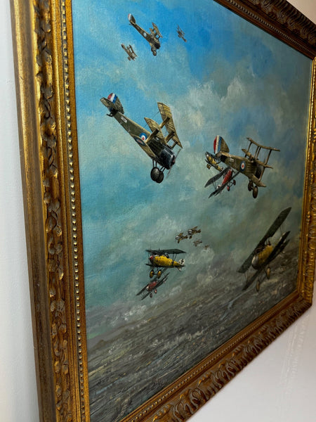 Oil Painting 1917 Air Battle Arras British Sopwith Triplanes Duel German Albatross DII Byplanes - Cheshire Antiques Consultant Ltd