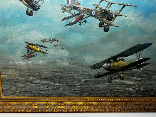 Oil Painting 1917 Air Battle Arras British Sopwith Triplanes Duel German Albatross DII Byplanes - Cheshire Antiques Consultant Ltd