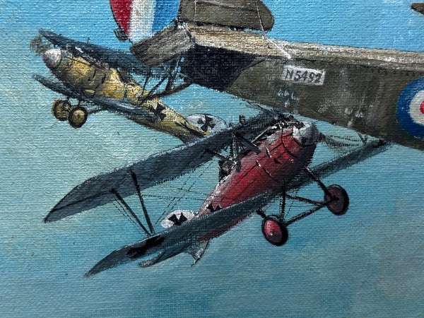 Oil Painting 1917 Air Battle Arras British Sopwith Triplanes Duel German Albatross DII Byplanes - Cheshire Antiques Consultant Ltd