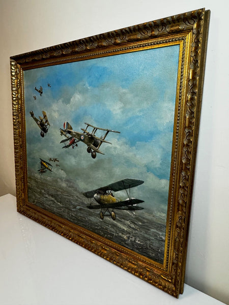 Oil Painting 1917 Air Battle Arras British Sopwith Triplanes Duel German Albatross DII Byplanes - Cheshire Antiques Consultant Ltd