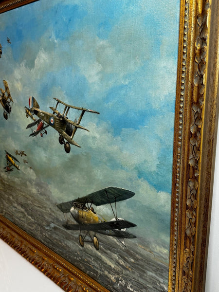 Oil Painting 1917 Air Battle Arras British Sopwith Triplanes Duel German Albatross DII Byplanes - Cheshire Antiques Consultant Ltd