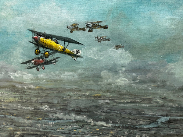 Oil Painting 1917 Air Battle Arras British Sopwith Triplanes Duel German Albatross DII Byplanes - Cheshire Antiques Consultant Ltd