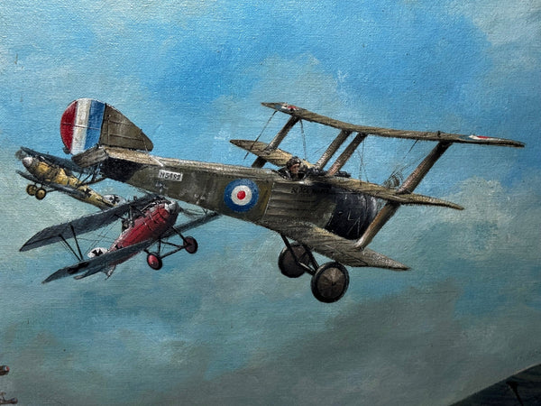 Oil Painting 1917 Air Battle Arras British Sopwith Triplanes Duel German Albatross DII Byplanes - Cheshire Antiques Consultant Ltd