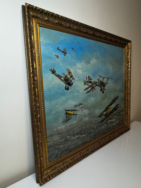 Oil Painting 1917 Air Battle Arras British Sopwith Triplanes Duel German Albatross DII Byplanes - Cheshire Antiques Consultant Ltd