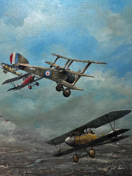 Oil Painting 1917 Air Battle Arras British Sopwith Triplanes Duel German Albatross DII Byplanes - Cheshire Antiques Consultant Ltd