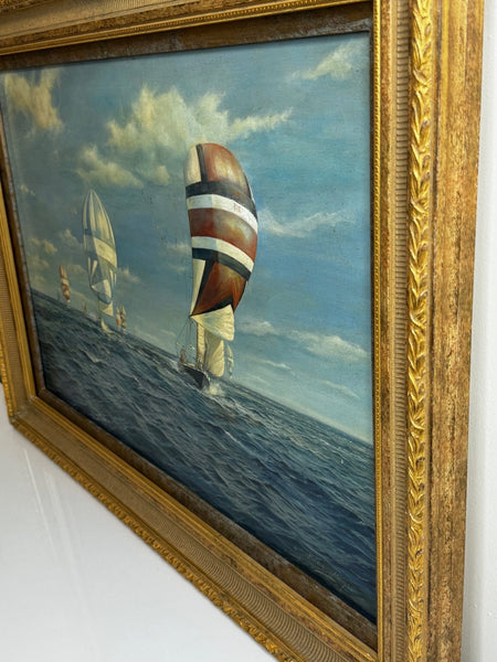 Oil Painting Admirals Cup Yacht Cross Channel Race 1969 Off Cowes Isle Wight - Cheshire Antiques Consultant Ltd