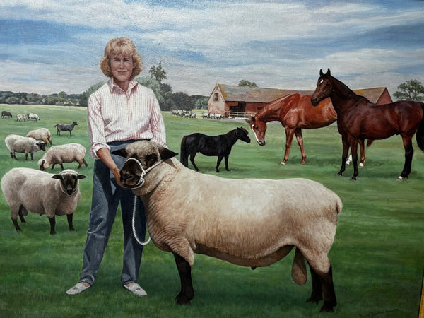 Oil Painting Camilla Parker Bowles Wiltshire Farm Prized Sheep & Horses - Cheshire Antiques Consultant Ltd