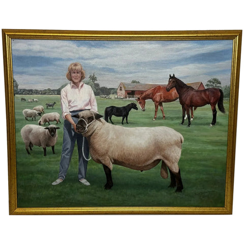 Oil Painting Camilla Parker Bowles Wiltshire Farm Prized Sheep & Horses - Cheshire Antiques Consultant Ltd