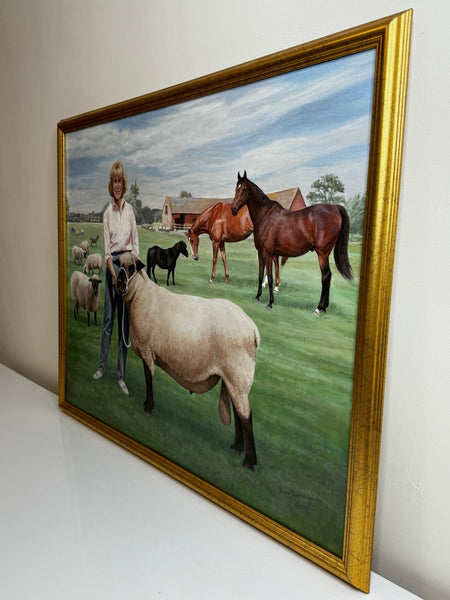 Oil Painting Camilla Parker Bowles Wiltshire Farm Prized Sheep & Horses - Cheshire Antiques Consultant Ltd