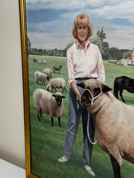 Oil Painting Camilla Parker Bowles Wiltshire Farm Prized Sheep & Horses - Cheshire Antiques Consultant Ltd