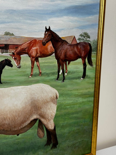 Oil Painting Camilla Parker Bowles Wiltshire Farm Prized Sheep & Horses - Cheshire Antiques Consultant Ltd