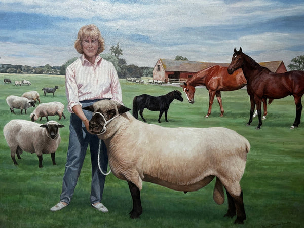 Oil Painting Camilla Parker Bowles Wiltshire Farm Prized Sheep & Horses - Cheshire Antiques Consultant Ltd