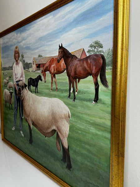 Oil Painting Camilla Parker Bowles Wiltshire Farm Prized Sheep & Horses - Cheshire Antiques Consultant Ltd