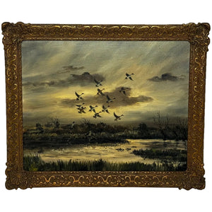 Oil Painting Canadian Ducks Pintails Flushed Out Wetlands In British Columbia By Hugh Monahan - Cheshire Antiques Consultant Ltd