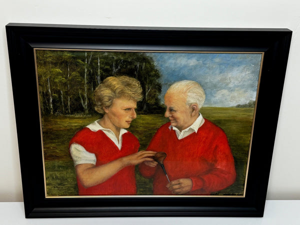 Oil Painting Harry Busson Presenting Persimmon Golf Club To Pro Bernhard Langer - Cheshire Antiques Consultant Ltd