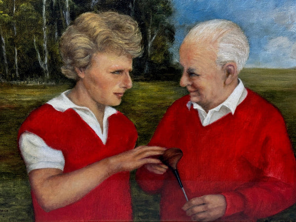 Oil Painting Harry Busson Presenting Persimmon Golf Club To Pro Bernhard Langer - Cheshire Antiques Consultant Ltd