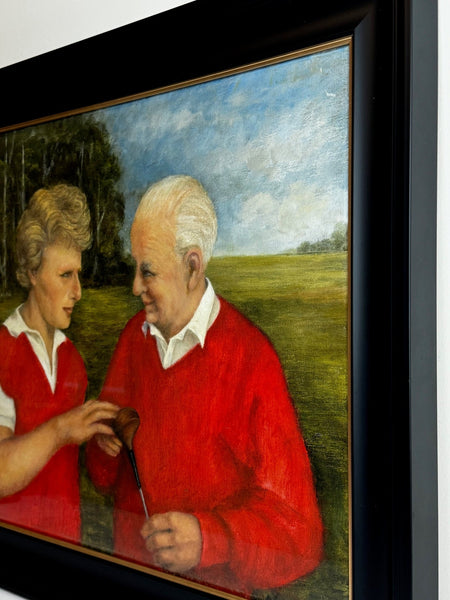 Oil Painting Harry Busson Presenting Persimmon Golf Club To Pro Bernhard Langer - Cheshire Antiques Consultant Ltd