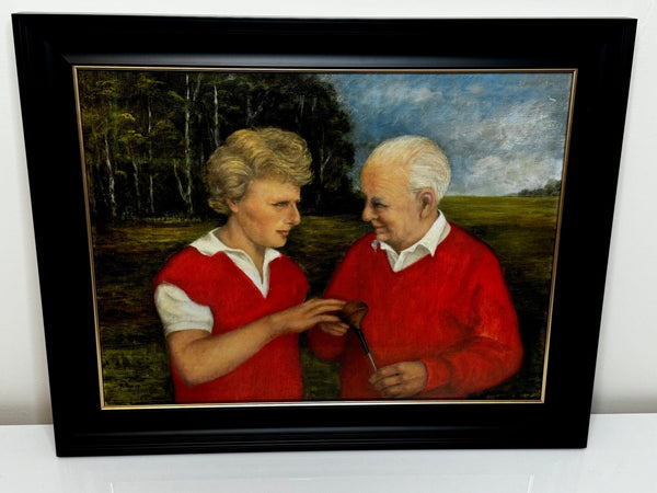 Oil Painting Harry Busson Presenting Persimmon Golf Club To Pro Bernhard Langer - Cheshire Antiques Consultant Ltd