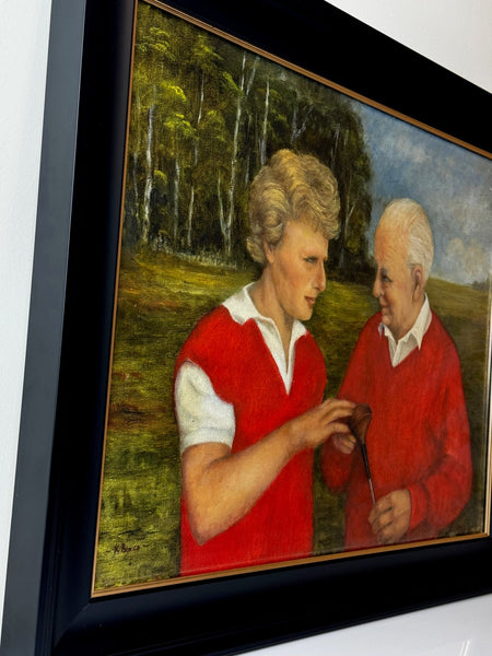 Oil Painting Harry Busson Presenting Persimmon Golf Club To Pro Bernhard Langer - Cheshire Antiques Consultant Ltd