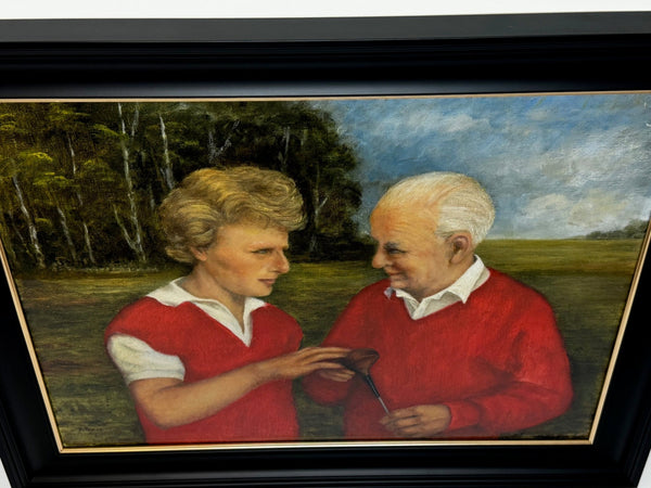 Oil Painting Harry Busson Presenting Persimmon Golf Club To Pro Bernhard Langer - Cheshire Antiques Consultant Ltd