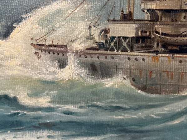 Oil Painting HMS Franklin Ship The Pentlands 1944 WW2 Convoy Duty North Sea by David Charlesworth GRA - Cheshire Antiques Consultant Ltd