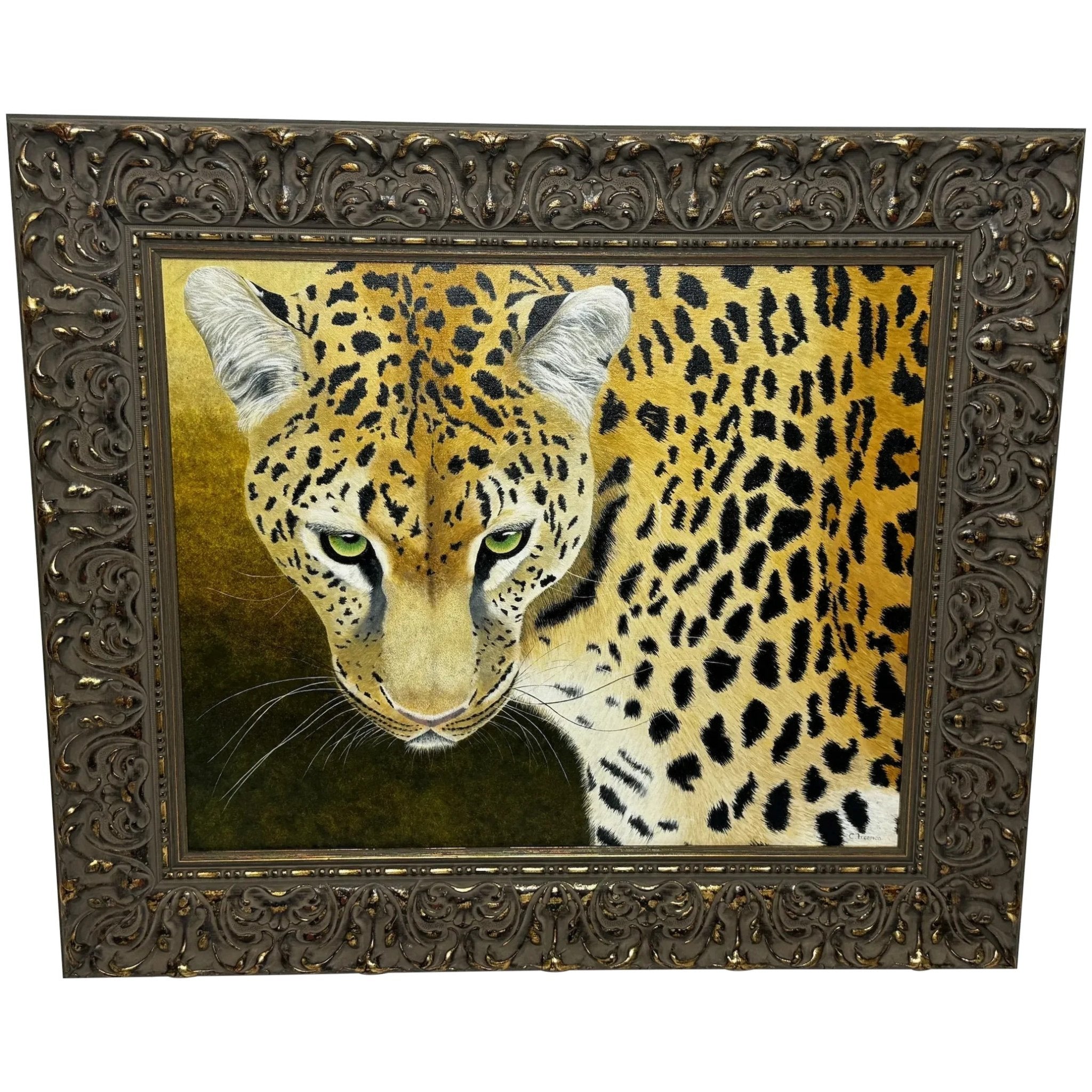 Oil Painting Leopard Green Eyes In Wilderness Masai Mara Kenya Follower Pip McGarry - Cheshire Antiques Consultant Ltd