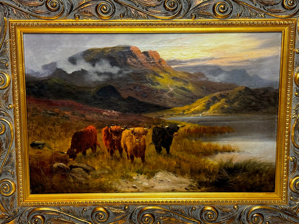 Oil Painting Longhorn Cattle West Scottish Highlands By Gustave De Brianski - Cheshire Antiques Consultant Ltd