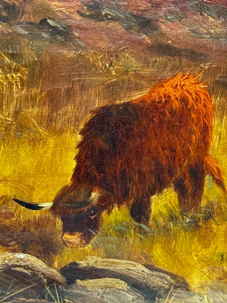 Oil Painting Longhorn Cattle West Scottish Highlands By Gustave De Brianski - Cheshire Antiques Consultant Ltd