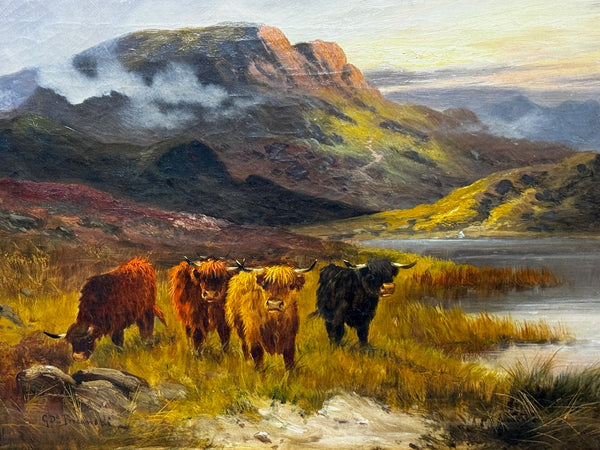 Oil Painting Longhorn Cattle West Scottish Highlands By Gustave De Brianski - Cheshire Antiques Consultant Ltd