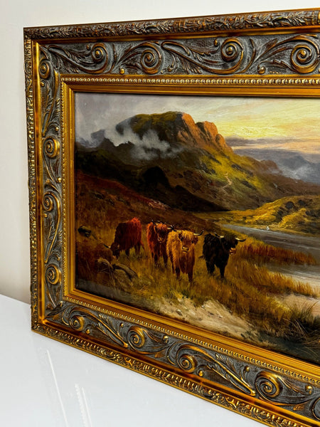 Oil Painting Longhorn Cattle West Scottish Highlands By Gustave De Brianski - Cheshire Antiques Consultant Ltd