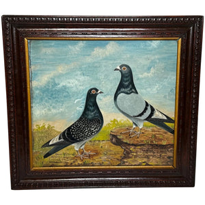 Oil Painting Northern Racing Pigeons Champions Old Badge Hen & Cock By J Brown C1930 - Cheshire Antiques Consultant Ltd