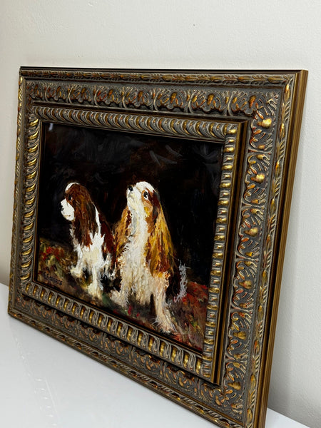 Oil Painting Portrait Of King Charles Cavalier Spaniel Dogs After John Emms - Cheshire Antiques Consultant Ltd