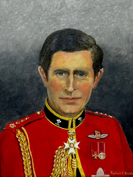 Oil Painting Portrait Young Prince Charles Of Wales Colonel In Chief Red Coat Mess Dress - Cheshire Antiques Consultant Ltd