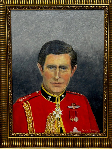 Oil Painting Portrait Young Prince Charles Of Wales Colonel In Chief Red Coat Mess Dress - Cheshire Antiques Consultant Ltd