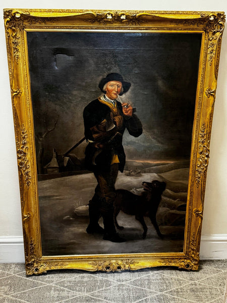 Oil Painting Victorian Huntsman Pipe Smoker Woodcutter Terrier Dog After Edwin Landseer - Cheshire Antiques Consultant Ltd