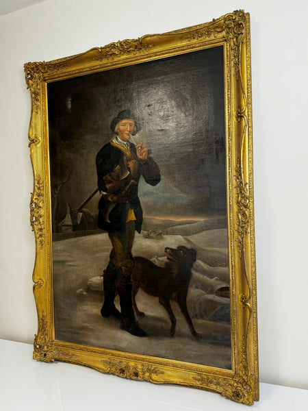 Oil Painting Victorian Huntsman Pipe Smoker Woodcutter Terrier Dog After Edwin Landseer - Cheshire Antiques Consultant Ltd